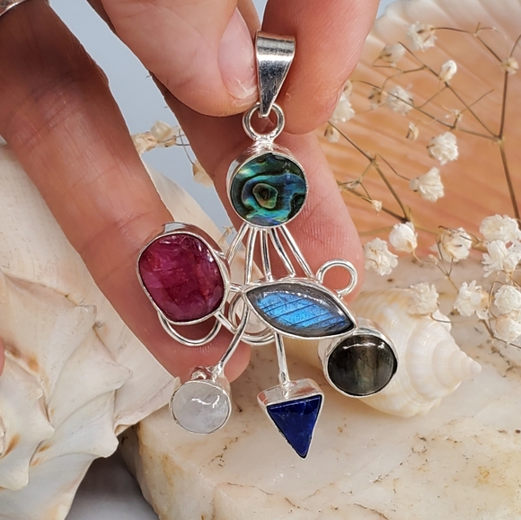 Natural Abalone Labradorite Ruby Moonstone 925 Silver - Picture 7 of 7